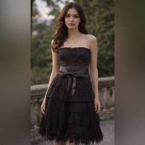 Vintage BCBG Maxazria Brown Strapless Feather Dress